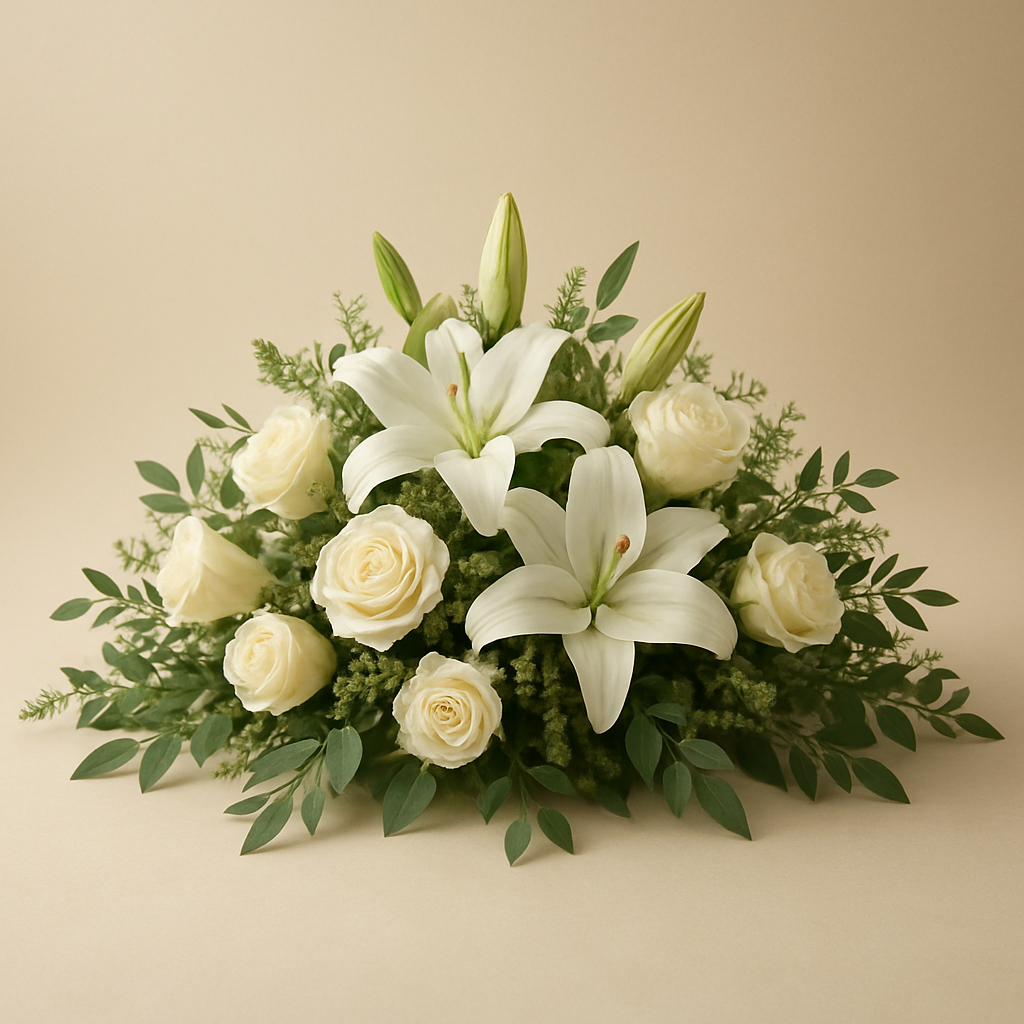 An elegant floral funeral tribute of white lilies and cream roses