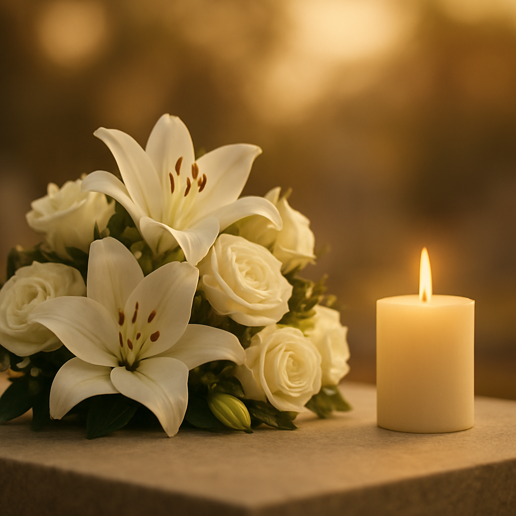 A peaceful memorial arrangement of white lilies and a softly lit candle